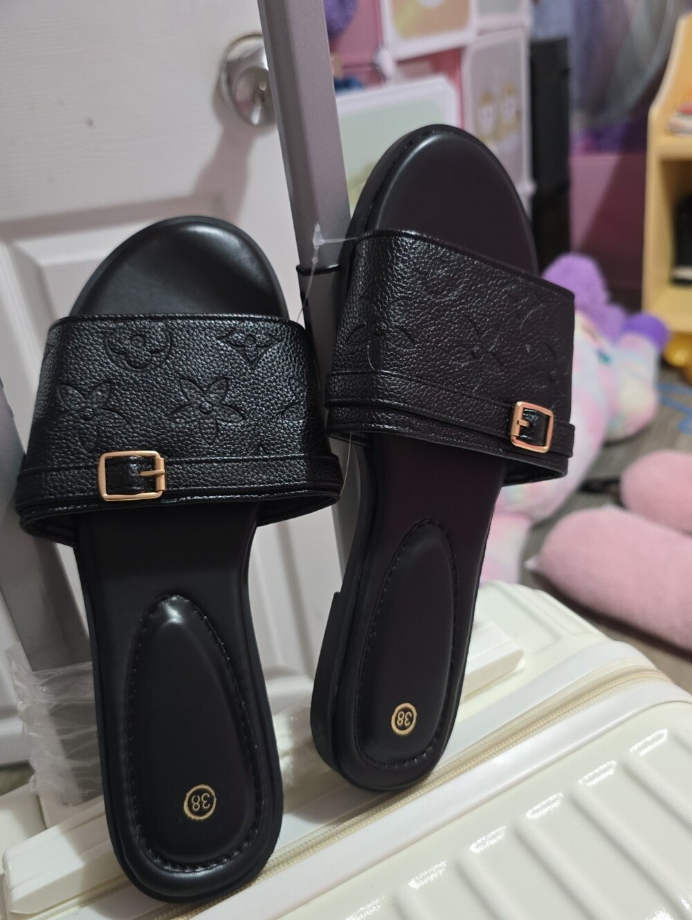 Black Embossed Slide Sandals with Gold Buckle